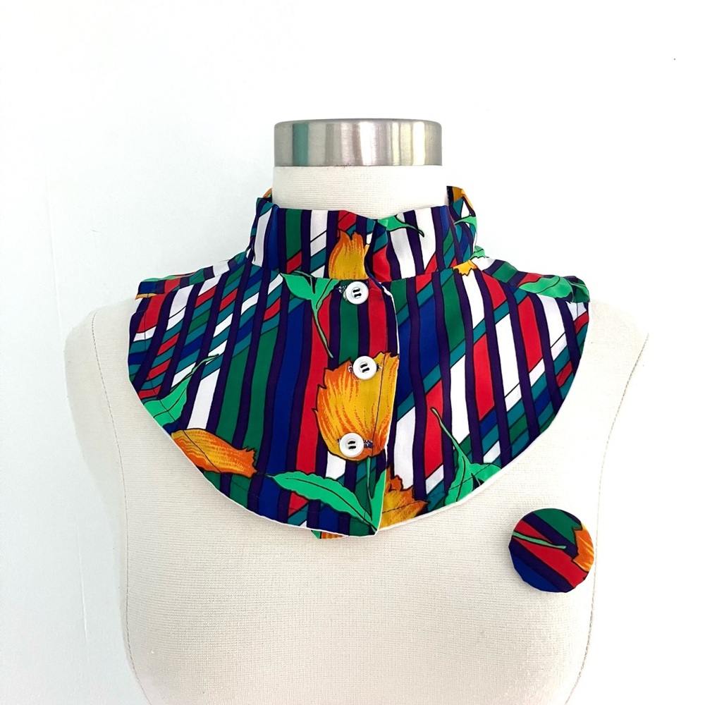 Vintage 80’s rainbow striped floral dickie brooch scarf earrings accessories set